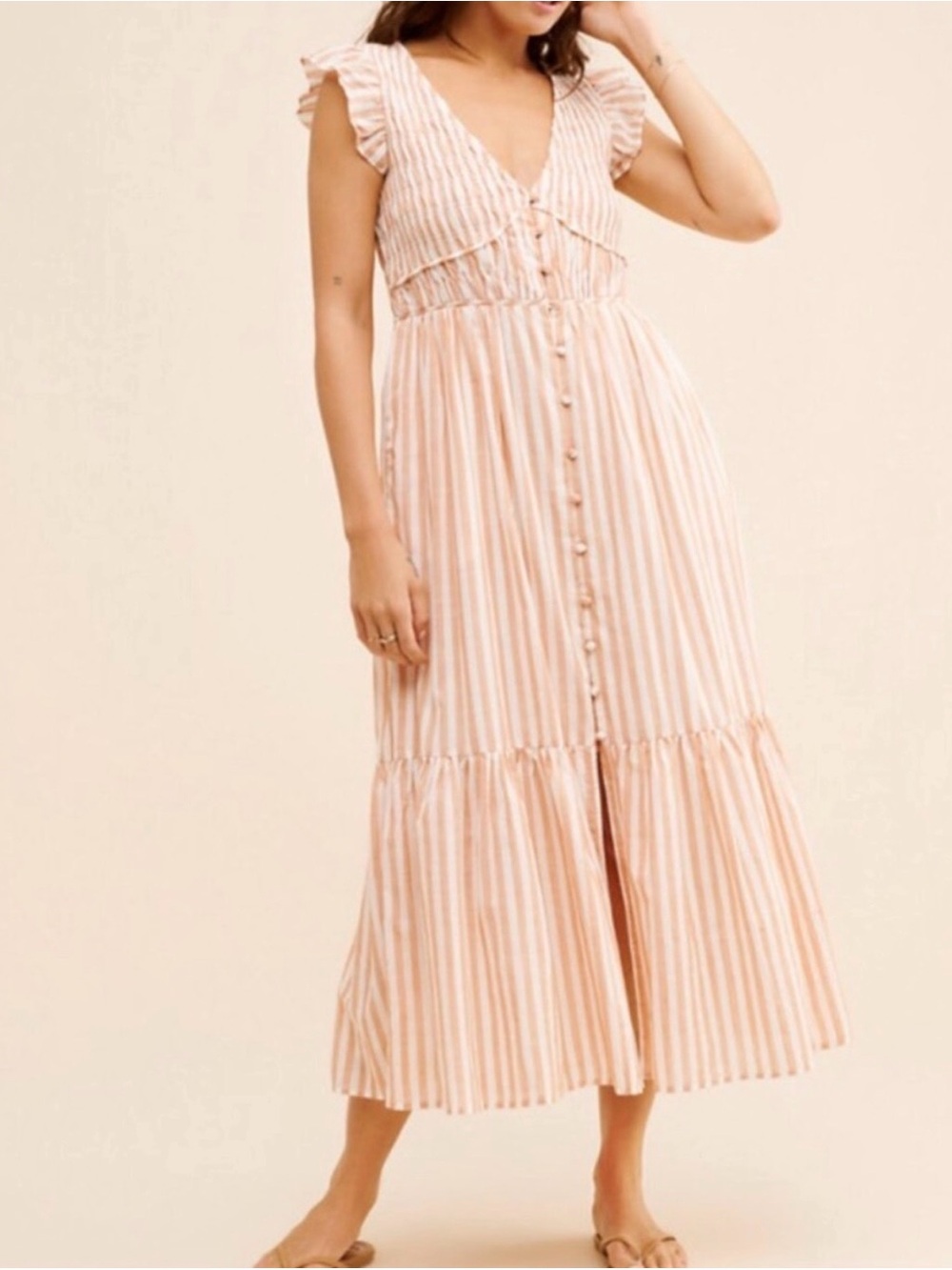 Anthropologie Peregrine Pink White Striped Midi Dress Size Small